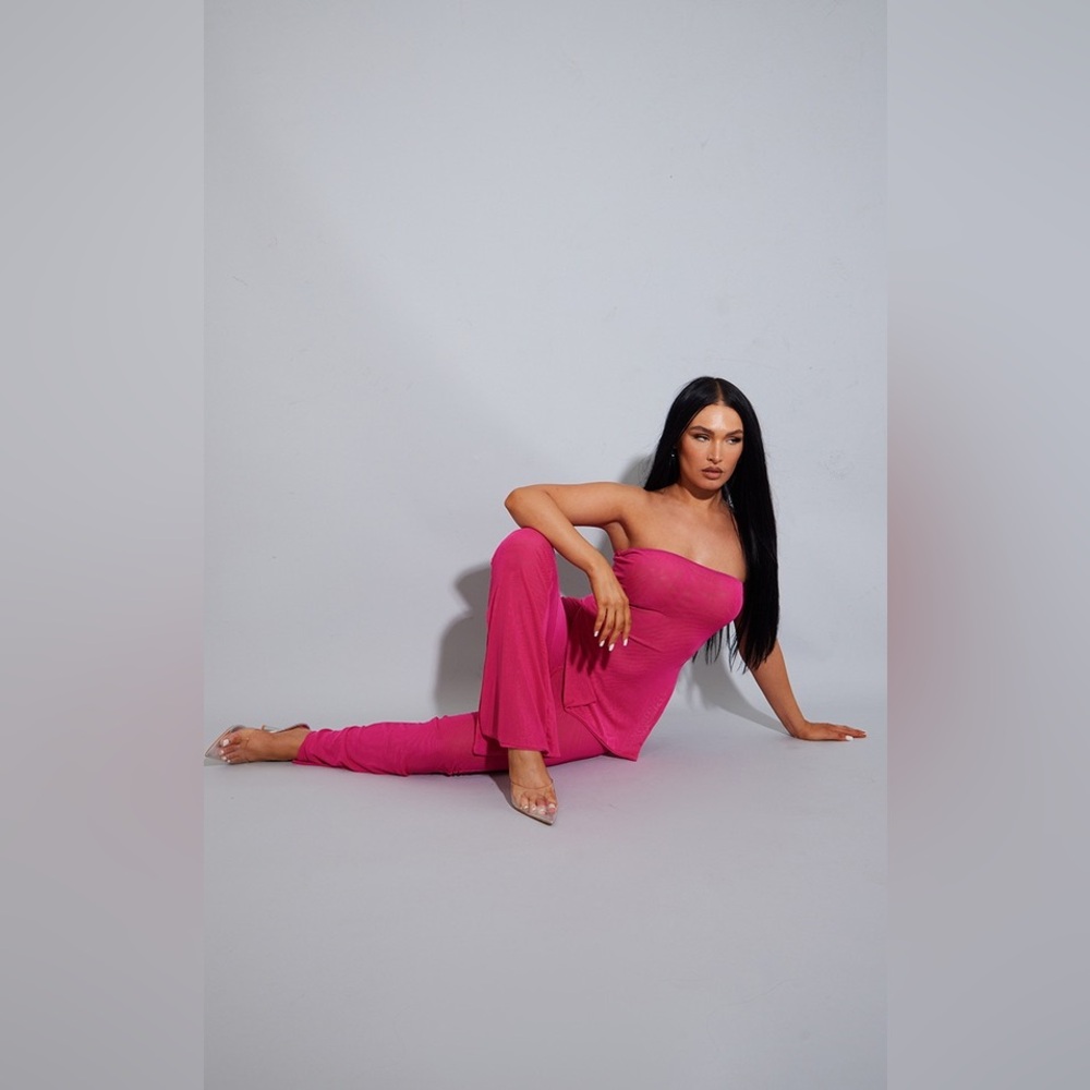 BRIGHT PINK SHEER MESH SPLIT HEM LONGLINE BANDEAU AND PANTS